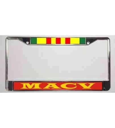 MACV With Vietnam Ribbon Metal License Plate Frame Licensed Military Apparel Patriotic Products Gifts For Veterans Families And Retired VetFriends.com 1 MACV With Vietnam Ribbon Metal License Plate Frame Licensed Military Apparel Patriotic Products Gifts For Veterans Families And Retired VetFriends.com