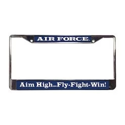 Aim High Fly Fight Win Air Force Metal License Plate Frame Licensed Military Apparel Patriotic Products Gifts For Veterans Families And Retired VetFriends.com