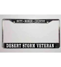 Desert Storm Veteran Duty-Honor-Country Metal License Plate Frame Licensed Military Apparel Patriotic Products Gifts For Veterans Families And Retired VetFriends.com