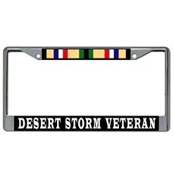 Desert Storm Veteran + Campaign Ribbon Metal License Plate Frame - Chrome