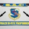 Air Force S. A. C With Motto Metal License Plate Frame In Blue And Yellow Licensed Military Apparel Patriotic Products Gifts For Veterans Families And Retired VetFriends.com