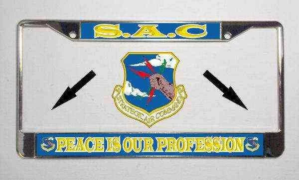 Air Force S. A. C With Motto Metal License Plate Frame In Blue And Yellow Licensed Military Apparel Patriotic Products Gifts For Veterans Families And Retired VetFriends.com 1 Air Force S. A. C With Motto Metal License Plate Frame In Blue And Yellow Licensed Military Apparel Patriotic Products Gifts For Veterans Families And Retired VetFriends.com