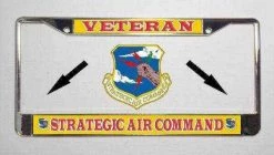 Air Force S. A. C. With Veteran Metal License Plate Frame In Yellow And Red Licensed Military Apparel Patriotic Products Gifts For Veterans Families And Retired VetFriends.com
