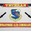 Air Force S. A. C With Veteran Metal License Plate Frame In Red And Yellow Licensed Military Apparel Patriotic Products Gifts For Veterans Families And Retired VetFriends.com