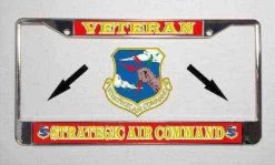 Air Force S. A. C With Veteran Metal License Plate Frame In Red And Yellow Licensed Military Apparel Patriotic Products Gifts For Veterans Families And Retired VetFriends.com