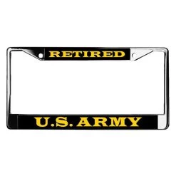 Army Retired Metal License Plate Frame Licensed Military Apparel Patriotic Products Gifts For Veterans Families And Retired VetFriends.com