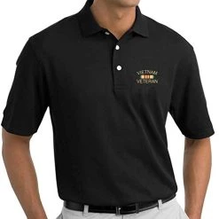 VetFriends.com Vietnam Veteran Black Polo Shirt - Embroidered Service Ribbon & Text