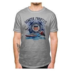 US Coast Guard Semper Paratus Performance T-Shirt With USCG Logo, Boat, Plane, Anchor, And Helicopter Graphics