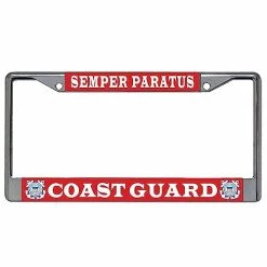Semper Paratus Coast Guard Metal License Plate Frame Licensed Military Apparel Patriotic Products Gifts For Veterans Families And Retired VetFriends.com