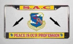 Air Force S. A. C With Motto Metal License Plate Frame In Yellow And Red Licensed Military Apparel Patriotic Products Gifts For Veterans Families And Retired VetFriends.com