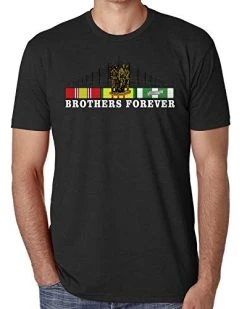 Vietnam Memorial Brothers Forever Black T-Shirt With Service Ribbon And Three Soldiers Statue