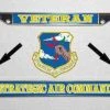 Air Force S. A. C With Veteran Metal License Plate Frame In Blue And Yellow Licensed Military Apparel Patriotic Products Gifts For Veterans Families And Retired VetFriends.com