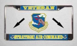 Air Force S. A. C With Veteran Metal License Plate Frame In Blue And Yellow Licensed Military Apparel Patriotic Products Gifts For Veterans Families And Retired VetFriends.com