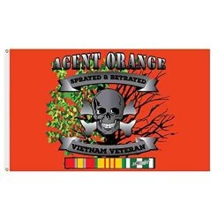Vietnam Veteran With Service Ribbon: Agent Orange Sprayed And Betrayed Yard Flag -VetFriends.com – Orange 3x5 Oxford/Poly Flag With Service Ribbons, Skull And Cross Bones And Agent Orange Text