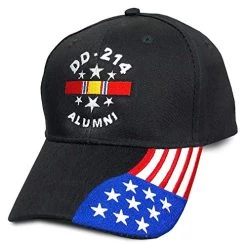 DD-214 Alumni Black Hat With National Service Ribbon And American Flag Bill